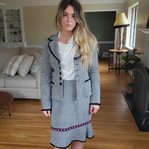 Nanette Lepore Black White Pink Wool Blend Check Skirt Suit Sz Medium